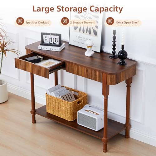 MAHYIZYI Fluted Console Table for Entryway, 43.3'' Narrow Entryway Tables with 2 Wooden Drawers, Retro Sofa Table Behind Couch Accent Tables for Foyer, Living Room, Hallway (Walnut) MAHYIZYI