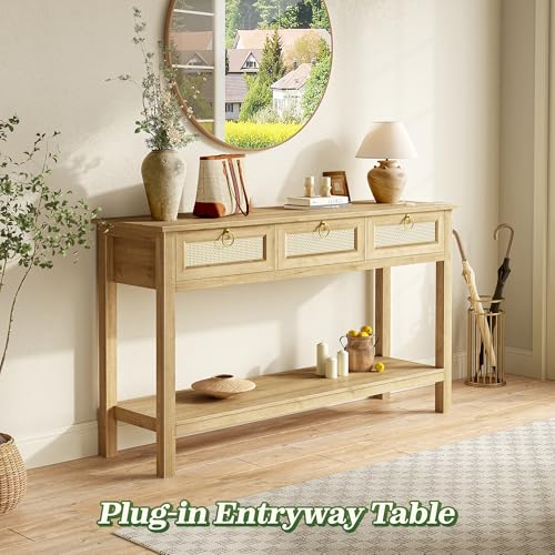 SUPERJARE Rattan Console Sofa Table with Outlets and USB-C Port, 3 Drawer Entryway Table with Synthetic Rattan Surface, Open Shelf, Behind Couch Entry Foyer Hallway Storage, Natural SUPERJARE