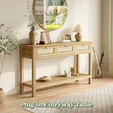 SUPERJARE Rattan Console Sofa Table with Outlets and USB-C Port, 3 Drawer Entryway Table with Synthetic Rattan Surface, Open Shelf, Behind Couch Entry Foyer Hallway Storage, Natural SUPERJARE