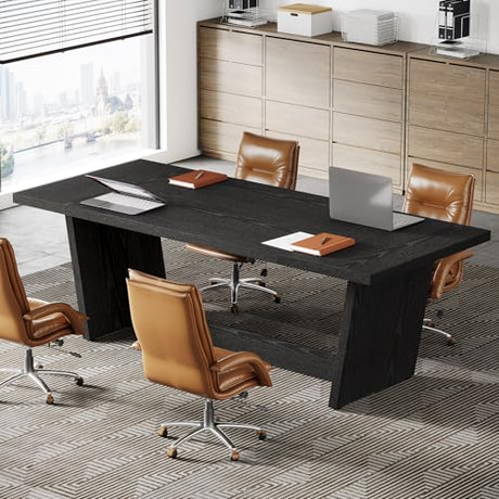Tribesigns 6 FT Conference Table, 71” Rectangular Meeting Table for Office Conference Room, Large Executive Seminar Desk for 6–8, Heavy-Duty Business Boardroom Table with Wooden Pedestal Base, Black Tribesigns