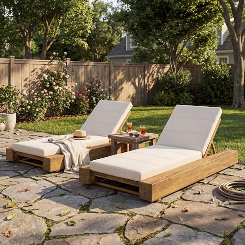 Christopher Knight Home Tory Acacia Wood Chaise Lounge Chair Outdoor Set of 2, Poolside Sun Lounger Recliner, Patio Outdoor Chaise Lounge with Cushions, Adjustable Backrest Lounge Sofa, Beige+Teak