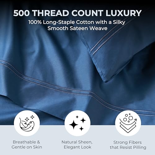 MAYIL MANOR 100% Natural Cotton Bed Sheets | 500 TC Single-Ply Sateen Weave King Size Sheets Set | Breathable & Hypoallergenic Solid 4-Piece Bedding with Deep Pocket Fitted, Flat, Pillowcase|Navy Blue Mayil Manor
