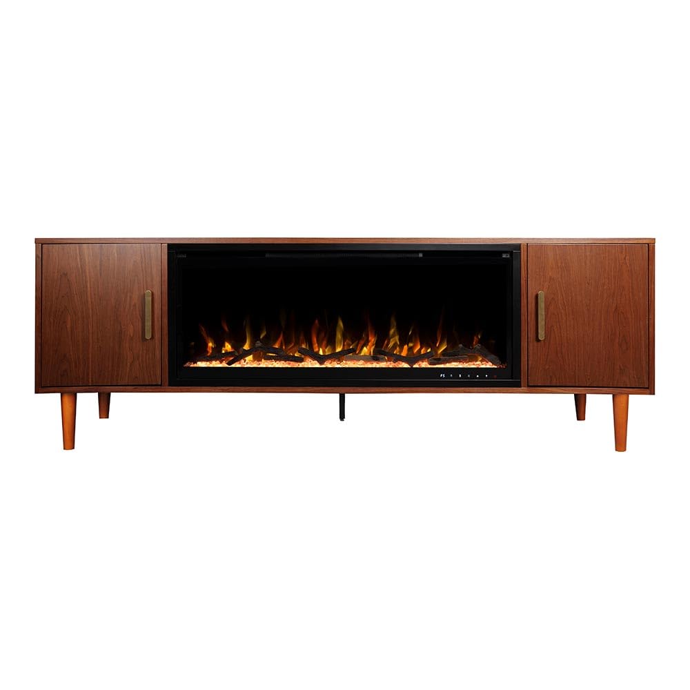 Modern Ember Marcel 72-in Smart Electric Fireplace TV Stand | 42” Firebox Heater | Multi-Flame Colors | Remote, Wi-Fi App, Alexa & Google | Fits TVs up to 80” | Warm Walnut with Brass Handles Modern Ember