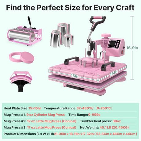 Slendor 8 in 1 Heat Press Machine 15x15 inch 360-Degree Swing Away Digital T Shirt Pressing Machine Multifunction Heat Transfer Sublimation Combo for T Shirts Mugs Hat Plate Cap,Pink Slendor