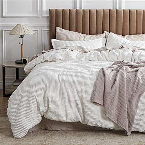 Bedsure Cotton Duvet Cover Queen - 100% Cotton Waffle Weave Coconut White Duvet Cover Queen Size, GentleSoft™ and Breathable Bedding Set for All Season, 3 Pieces, 90"x90" Bedsure