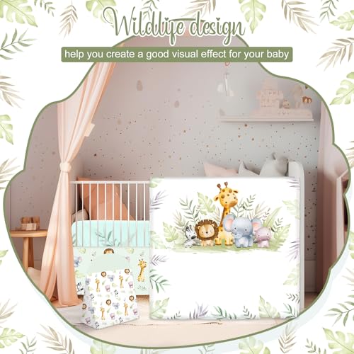 Hahafelt 4 Pieces Baby Crib Bedding Set for Girls and Boys, Soft Baby Bedding Set Including Crib Skirt, Comforter, Sheet and Diaper Stacker for Nursery (Wildlife Theme) Hahafelt