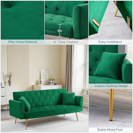 71.65'' Convertible Sofa Bed Modern Futon Set, Velvet Foldable Reclining Loveseat, Three Adjustment Angles,Mid Century Modern Couches for Living Room/Bedroom/Apartment, Easy Assembly,Green Meqiodas