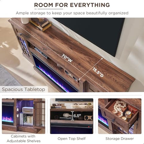 ACCOHOHO Farmhouse Fireplace TV Stand for 80 Inch TV, Entertainment Center w/ 36'' Electric Fireplace & LED Lights, Mordern Media Console with Storage Drawers & Cabinets for Living Room, Brown ACCOHOHO
