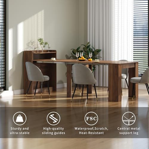 Banzeem Extendable Dining Table with Shelf, Transformer Extra Console Table for 1-9 People, Folding Space Saving Dining Room Table for Homes, Apartments, Walnut Banzeem