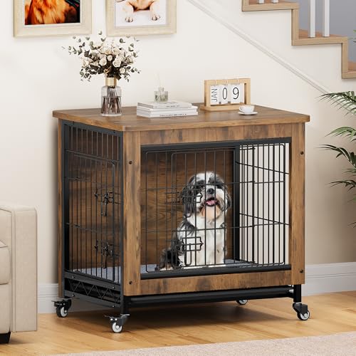 YITAHOME Dog Crate Furniture with Cushion, Dog Kennel Indoor with Wheels, Dog Crate End Table with Tray, 27" Dog Cage with Double Doors for Small Dog (Rustic Brown)