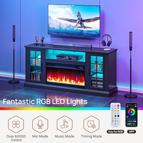 Rolanstar Fireplace TV Stand with Led and Power Outlets, Black Entertainment Center with 26" Electric Fireplace for 45/50/55/60/65 inch TVs, Modern TV Console with Storage Cabinet for Living Room Rolanstar