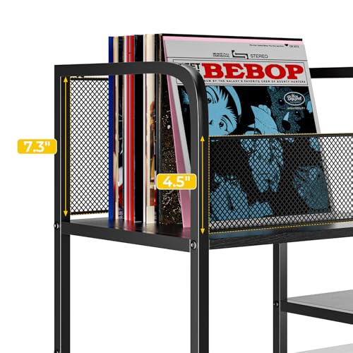 Record Player Stand with LED Light, Turntable Stand with Vinyl Storage - Up to 300+ Albums, 3-Tier Record Player Table Cabinet, Adjustable Shelf & V-Shaped Holder, Vinyl Display Shelf for Living Room Nidouillet