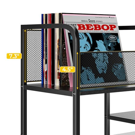 Record Player Stand with LED Light, Turntable Stand with Vinyl Storage - Up to 300+ Albums, 3-Tier Record Player Table Cabinet, Adjustable Shelf & V-Shaped Holder, Vinyl Display Shelf for Living Room Nidouillet