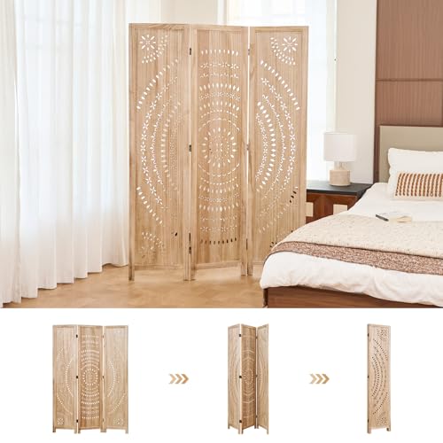 66.9Inch Folding Room Divider, 3 Panels Wood Carved Privacy Screens, Free Assembled Freestanding Partition for Home Office Restaurant Bedroom (Natural) Svimi