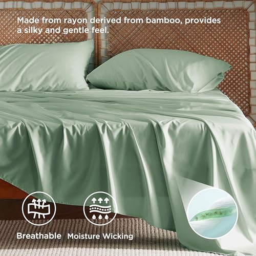 Bedsure Queen Sheet Set, Rayon Derived from Bamboo, Cooling Sheets, Breathable & Soft, Deep Pocket Up to 16 Inches, Hotel Luxury Silky Bedding for Hot Sleepers, Sage Green Bedsure
