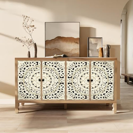 Furnivado Buffet Cabinet with Storage, Accent Cabinet with 4 Carved Doors, Solid Wood Sideboard with Adjustable Shelf, Vintage Cabinets for Kitchen, Living Room, Entryway, White&Natural Furnivado