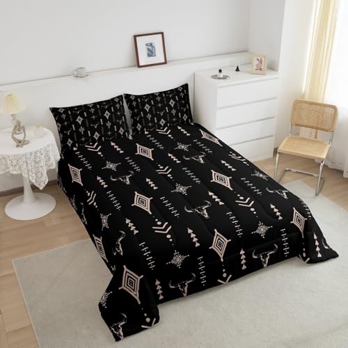 Feelyou Rustic Western Bedding Set Full Size Kids Western Tribal Bull Skull Comforter Adult Black Brown Boho Ethnic Aztec Cow Pattern Comforter Set Feelyou