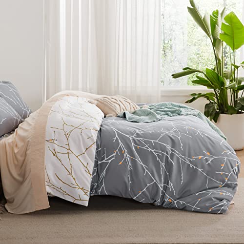 Bedsure Duvet Cover Twin Size - Reversible Botanical Duvet Cover Set with Zipper Closure, 2 Pieces Grey Bedding Set with 8 Corner Ties and 1 Pillow Sham 20"x26" Bedsure