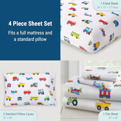 Wildkin 100% Cotton Full Sheet Set – Soft & Cozy Bed Sheets - Trains, Planes, and Trucks Wildkin