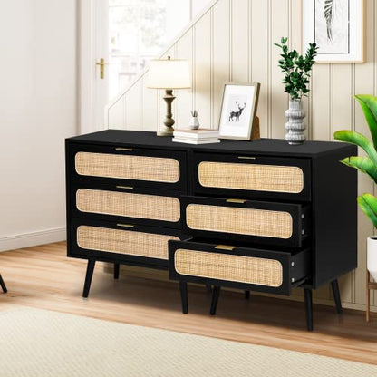 QHITTY Drawer Dresser Set of 2, Rattan Chest of Drawers with 3 Drawers Dresser, Accent Storage Cabinet Modern Bedside Table for Living Room, Bedroom, Entryway (Black) - WoodArtSupply