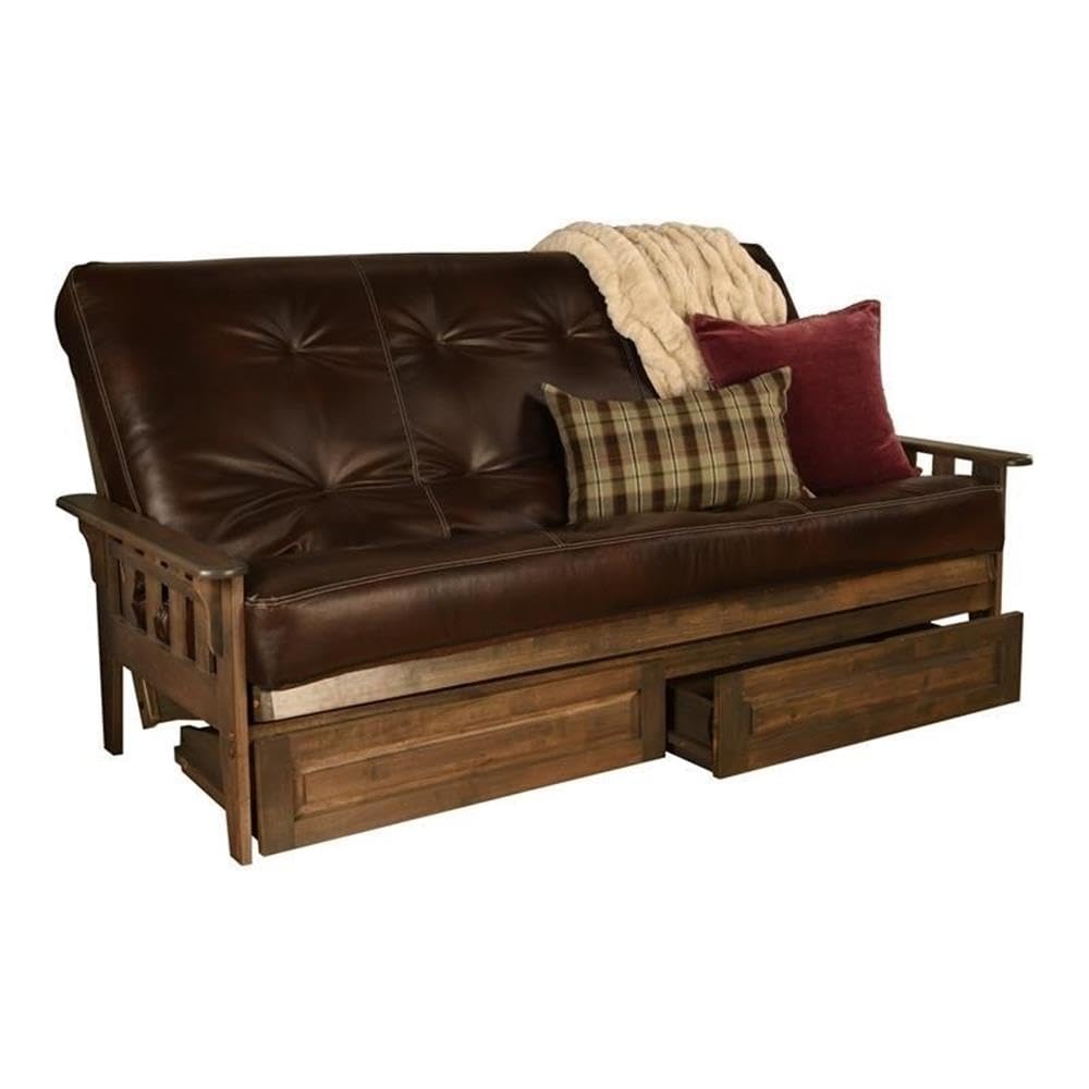 Kodiak Tucson Queen Futon Frame with Storage Drawers - Wood Futon Set with Mattress Included in Java Brown Faux Leather Mattress