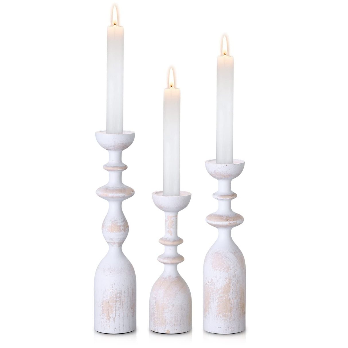 HOWSILAY Wood Candle Holder Candlestick Holders for Table Centerpiece - Rustic Farmhouse Decor Candle Stand fits 3/4" or 7/8" Taper Candle&Dia 1.5" Led Tea Lights or Pillar Candles(White) HOWSILAY