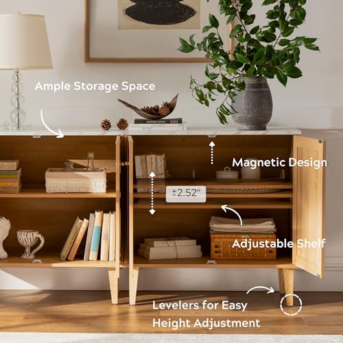 EYYTHUNG Storage Cabinet Sideboard Buffet Cabinet, Modern Accent Cabinet with Faux Marble Top & Adjustable Shelves, Wooden Credenza, Console Table Entryway Cabinet for Living Room, Oak EYYTHUNG
