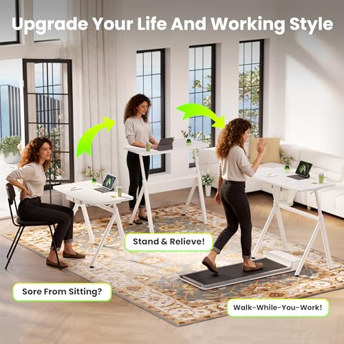 WALKINGDESK Standing Desk, 4-Leg Pneumatic Adjustable Desk for Walking Pad Treadmill - Stable No Wobble Fixed Frame, 32” Computer Desk with Fabric Drawer for Home Office, Gaming Desk, White WALKINGDESK