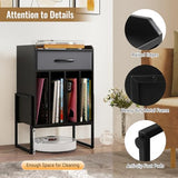 LOKO Record Player Stand, Turntable Stand with Drawer & Record Holder, Vinyl Display Shelf with Metal Frame, Record Storage Table for Living Room, Bedroom, Music Room (Black & Grey) LOKO
