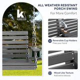 KINGYES Outdoor Hanging Porch Swing, 2 Seat Patio Swing Chair with Cup Holders, Waterproof Swing Chair Bench for Courtyard & Garden, 660LBS Weight Capacity, Gray KINGYES