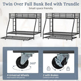 Shintenchi Bunk Bed Twin Over Full Size with Trundle, Heavy-Duty Twin&Full Frame with Full-Length Guardrail and Two Ladders, Triple for Kids, Teens and Adults, Space-Saving, Black Shintenchi