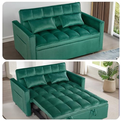 3 in 1 Convertible Sleeper Sofa Futon Bed,Modern Velvet Pull Out Couch Bed with Reclining Backrest&2 Pillows,54" Full Size Small Love Seat Lounge Couches for Small Spaces,Living Room (Dark Green) Majnesvon