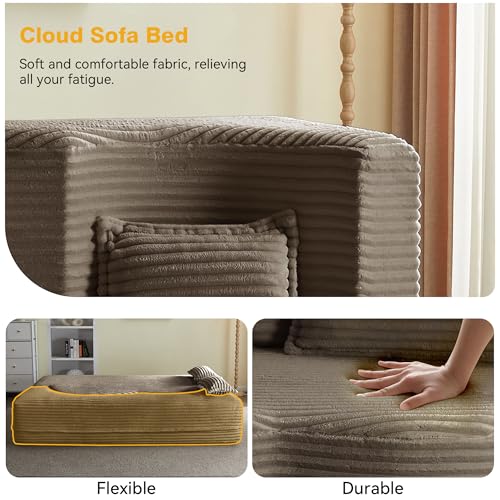 78" Full Size Convertible Futon Sofa Bed, Plush Corduroy Folding Sleeper Sofa Bed with Pillow, Foam Mattress Futon Loveseat Couch, No Assembly Floor Couches for Living Room, Playroom, Apartment, Brown extrasleep