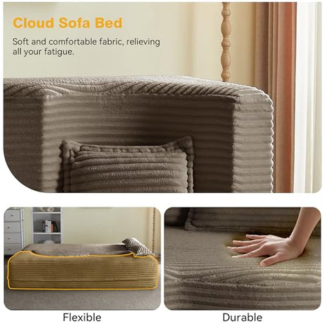 78" Full Size Convertible Futon Sofa Bed, Plush Corduroy Folding Sleeper Sofa Bed with Pillow, Foam Mattress Futon Loveseat Couch, No Assembly Floor Couches for Living Room, Playroom, Apartment, Brown extrasleep