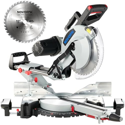 NOVORIK 12" Double Bevel Compound Sliding Miter Saw, Double-Bevel Corded Miter Saw with Laser Guide & 15-Amp Heavy-Duty Motor, Sliding Miter Saw with TCT Saw Blade for Woodworking