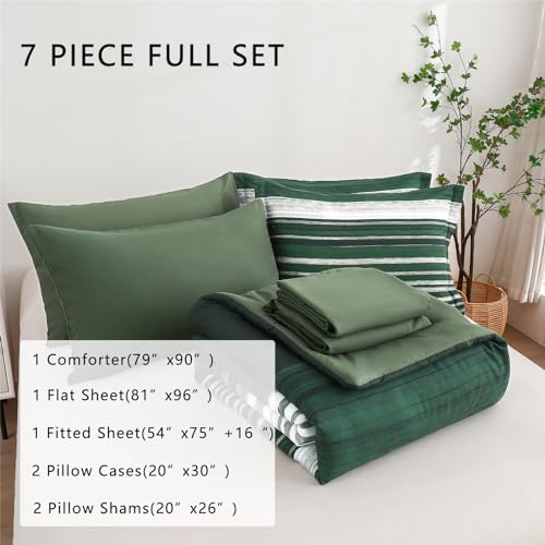 KAKIJUMN 7 Piece Bed in a Bag Stripe Comforter Set Full Size, White Grey Green Patchwork Striped Comforter and Sheet Set, All Season Soft Microfiber Complete Bedding Sets(Dark Green,Full) KAKIJUMN