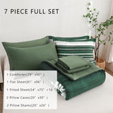 KAKIJUMN 7 Piece Bed in a Bag Stripe Comforter Set Full Size, White Grey Green Patchwork Striped Comforter and Sheet Set, All Season Soft Microfiber Complete Bedding Sets(Dark Green,Full) KAKIJUMN