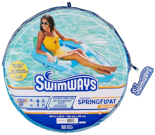 SwimWays Spring Float Premium Recliner Pool Lounger, Inflatable Pool Floats Adult with Fast Inflation for Ages 15 & Up, Sky Blue