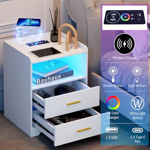 dnbss White LED Nightstand with Charging Station and 24-Color RGB Lights, Smart Night Stand with Human Sensor Lighting, Modern Bedside Table for Bedroom dnbss