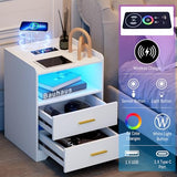 dnbss White LED Nightstand with Charging Station and 24-Color RGB Lights, Smart Night Stand with Human Sensor Lighting, Modern Bedside Table for Bedroom dnbss