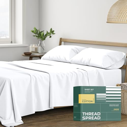 THREAD SPREAD 100% Organic Cotton Sheets - Organic Cotton Percale Weave Sheet Set, Soft, Cooling, Crisp & Breathable, 16" Deep Pocket Hotel Quality Bedding Set - 4 PC, Queen White THREAD SPREAD