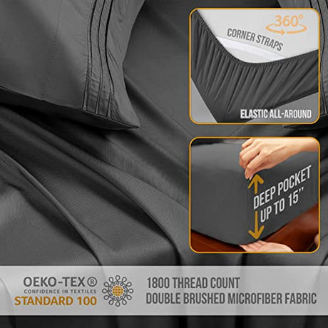 Abeero Home King Size Sheets Set Cooling - Luxury Hotel Sheet - Soft Bed Sheet with Elastic Corner Straps - Deep Pockets Microfiber Bedsheet - Bedding Sheets & Pillowcases - 4 Piece (King, Gray) Abeero Home