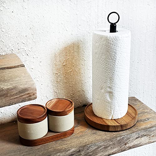 WILDMOS Paper Towel Holder Countertop,Solid Acacia Wood with Thick Metal Base,Black Paper Towel Holder for Farmhouse Kitchen,Wooden Paper Towel Holder Stand. - WoodArtSupply