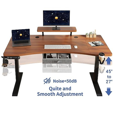 HEONAM Dual Motor Standing Desk with Drawer, 63x30 Inches Electric Height Adjustable Sit Stand Up Desk with Storage Shelf, Home Office Desk Computer Workstation with Walnut Top/Black Frame HEONAM