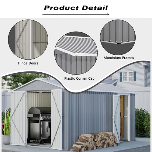 Ball & Cast 8x12 FT Storage Shed with 2 Lockable Doors,All Weather Outdoor Metal Tool House W/Floor Frame and 2 Vents,for Backyard,Patio,Lawn,Garden,Grey