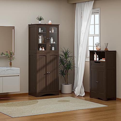 Gizoon 64" Kitchen Pantry Cabinet, Tall Storage Cabinet with Glass Doors and Adjustable Shelves, Freestanding Floor Cabinet Cupboard for Kitchen, Living Room, Dining Room (Dark Brown) - WoodArtSupply