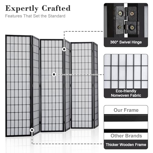 WelFurGeer 6 Panel Shoji Screen Room Divider, Folding Privacy Screens, Room Partitions and Dividers, Decorative Room Dividers, Wall Dividers for Room Separation, Japanese Room Divider for Home (Black) WelFurGeer
