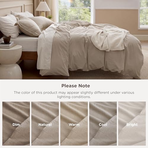 Bedsure 100% Washed Cotton Duvet Cover Queen Size - Frosted Almond Minimalist Cotton Duvet Cover Linen Like for All Seasons - GentleSoft™ Plain Simple Bedding, Frosted Almond, Queen, 90"x90" Bedsure