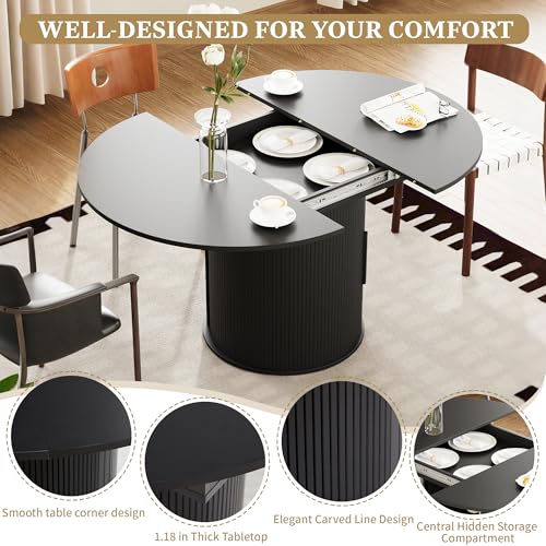 weselon 43"-59" Extendable Round to Oval Dining Table with Hidden Storage, Modern Wooden Kitchen Table with Fluted Sliding Door Cabinet, Expandable Dinner Table for Dining Room Living Room (Black) weselon