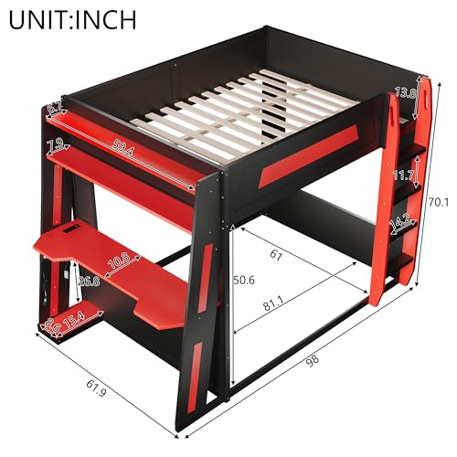 SOFTSEA Queen Size Gaming Bunk Bed with Desk, Storage Shelves, LED Lights & USB Ports, Wood Loft Bunk Bed with Desk and Ladder for Kids, Teens & Adults, Space-Saving, Black & Red SOFTSEA